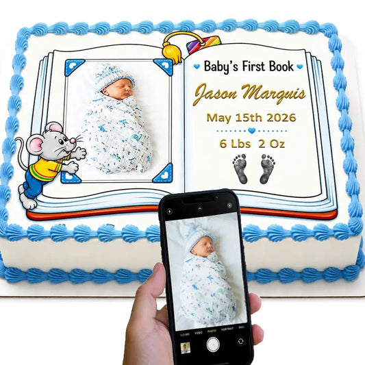 Boy Baby Shower Edible Image Cake Topper -First Book- Icing Sheet
