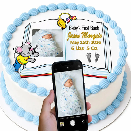 Boy Baby Shower Edible Image Cake Topper -First Book- Precut 8" Icing Sheet
