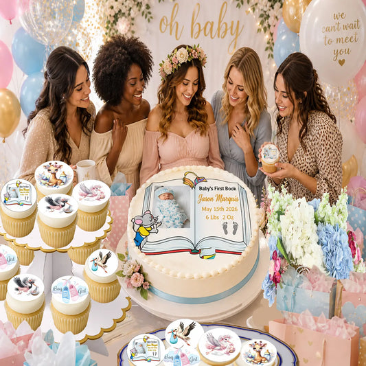 Boy Baby Shower Edible Image Cake Topper -First Book- Precut 8" Icing Sheet