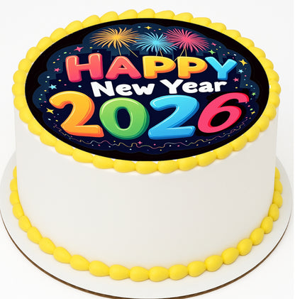 Custom Edible Cake Topper – Bright & Bold New Year Design – Pre-cut 8" Round Icing Sheet – RA Pape