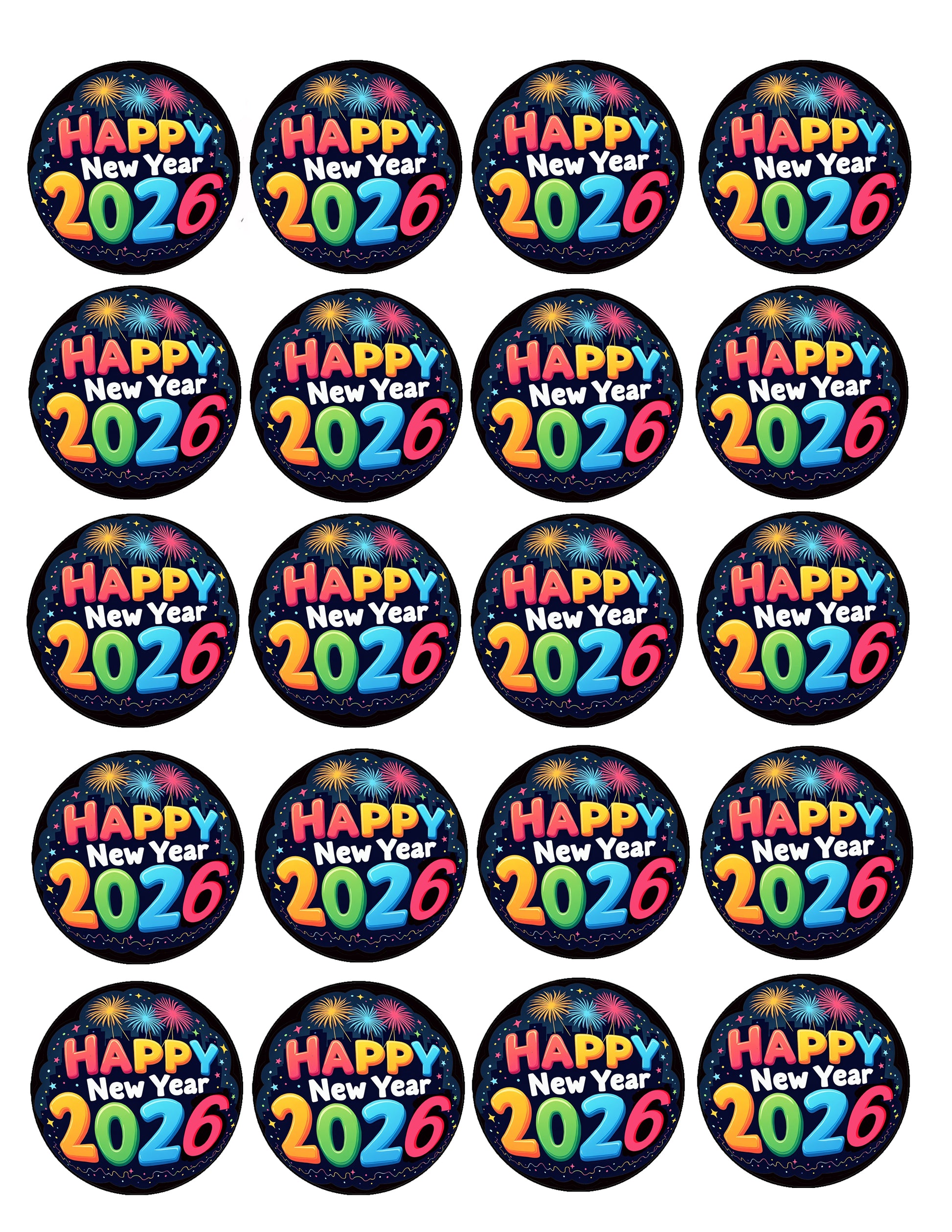 Set of 20 Bright & Bold New Year Edible Image Cookie & Cupcake Topper