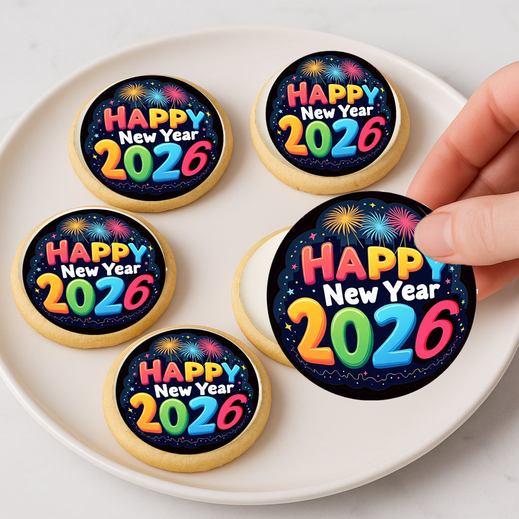 Custom Edible Cake Topper – Bright & Bold New Year  Design – Icing Sheet Cookie & Cupcake Images –20 Pre-cut 2” Round– RA Pape