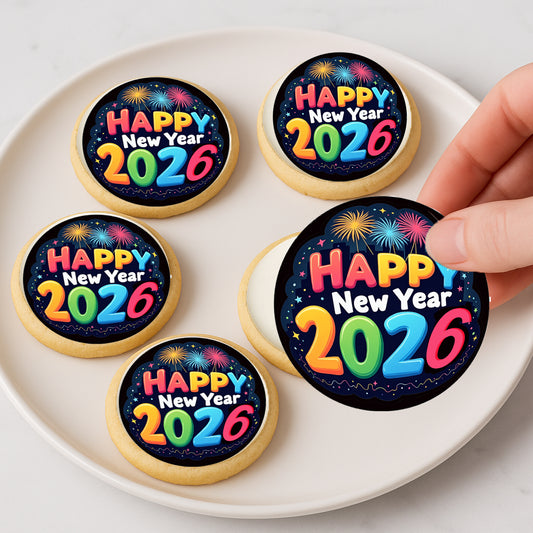 Custom Edible Cake Topper – Bright & Bold New Year  Design – Icing Sheet Cookie & Cupcake Images –20 Pre-cut 2” Round– RA Pape