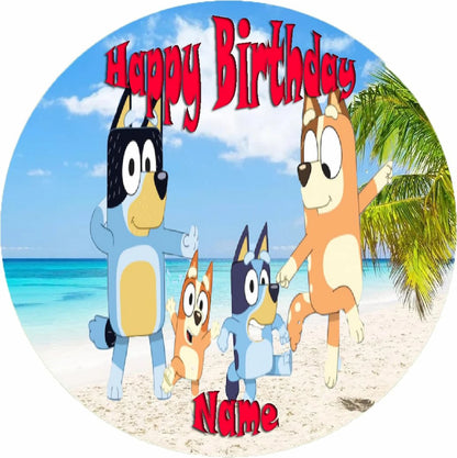 Round birthday edible icing images cake topper with Bluey cartoon characters on a beach