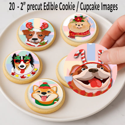 Christmas Canine Crew edible cake images being placed on cookies – holiday dessert icing images for party treats