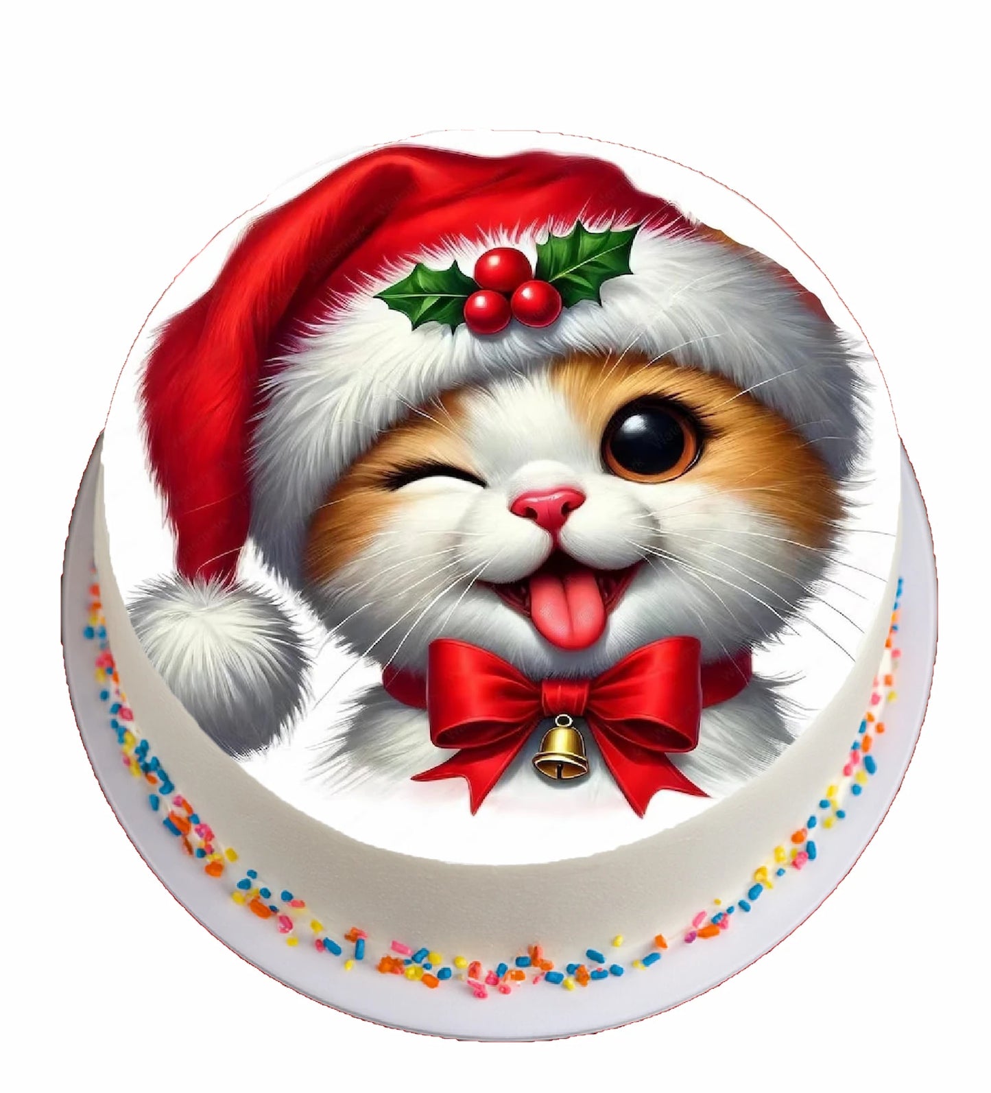 Custom Edible Cake Topper – Cat in Santa Hat Christmas Design – Pre-cut 8" Round Icing Sheet – RA Pape