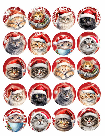 Cats in Santa Hats Christmas Edible Image Cookie & Cupcake Topper - Sheet of 20