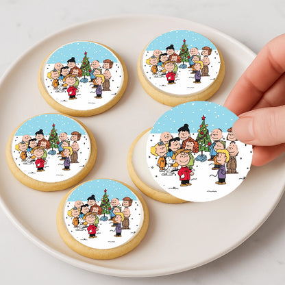 Cookies with Charlie Brown and friends illustrations on a white plate.