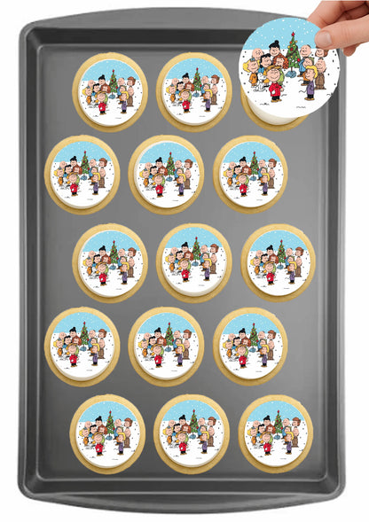 Christmas Charlie Brown edible cake images on baking tray – pre-cut round edible cake images for holiday cookies, Charlie Brown theme icing sheet