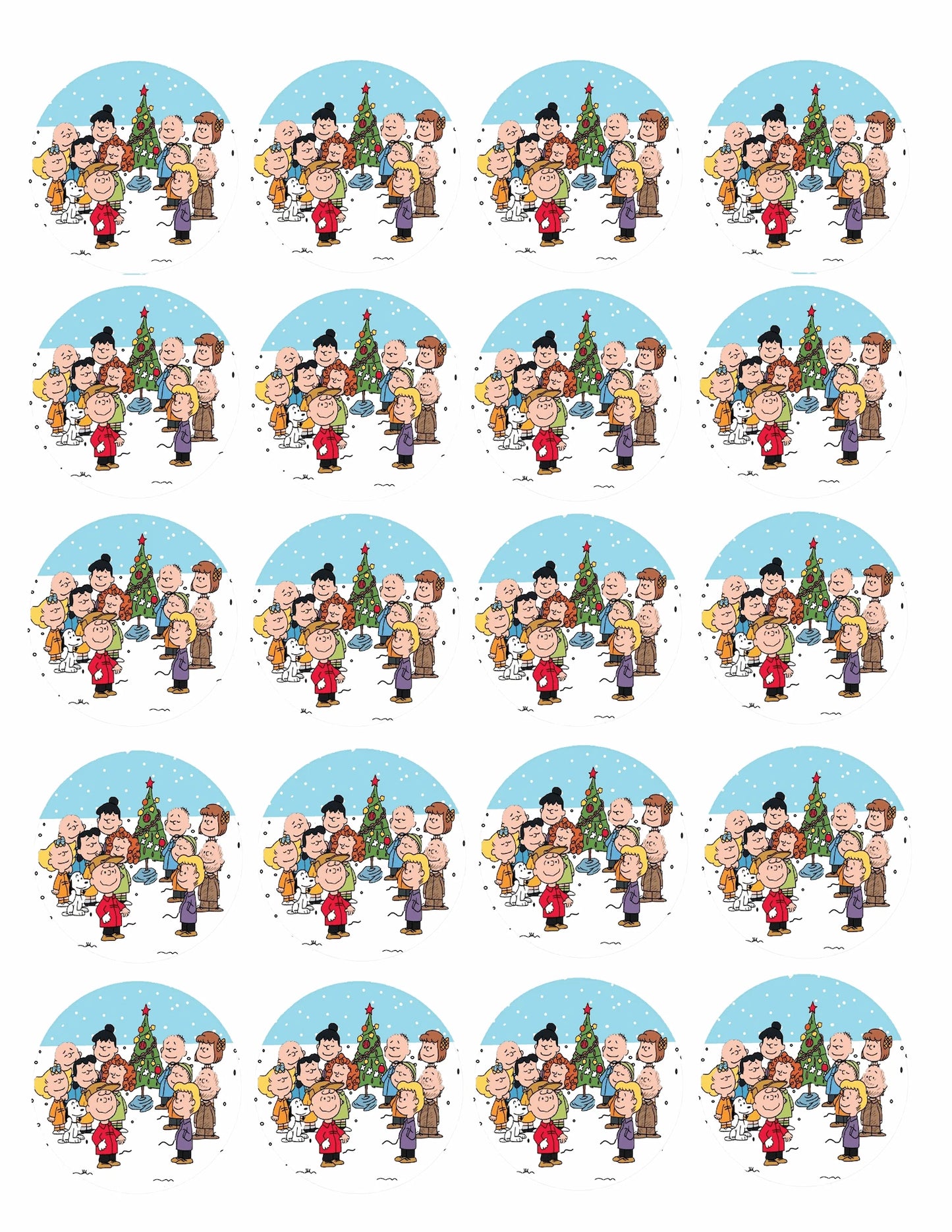 Sheet of 20 Christmas Charlie Brown edible cake images – pre-cut round icing cake images for cookies and cupcakes, perfect holiday dessert decorations
