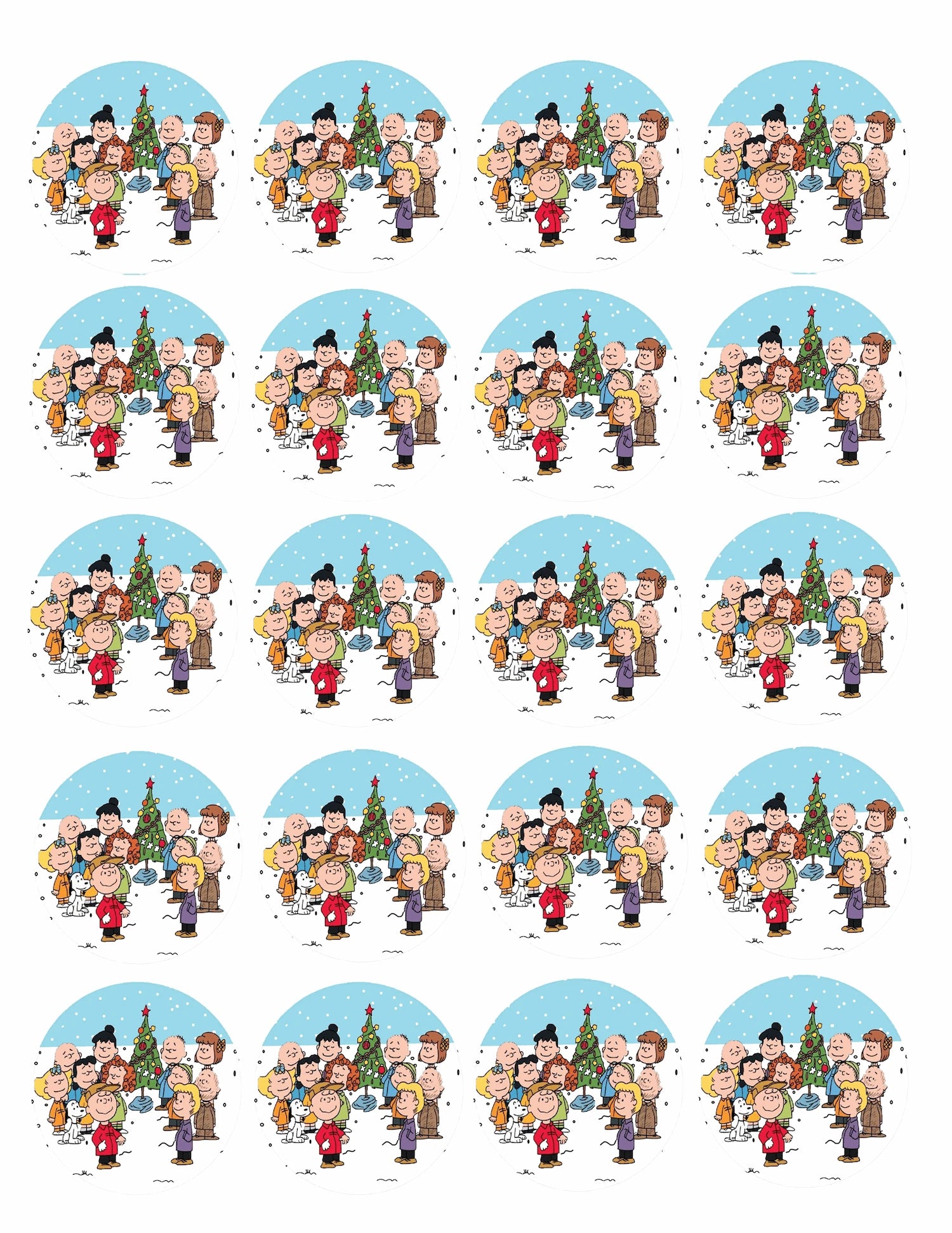 Sheet of 20 Christmas Charlie Brown edible cake images – pre-cut round icing cake images for cookies and cupcakes, perfect holiday dessert decorations

