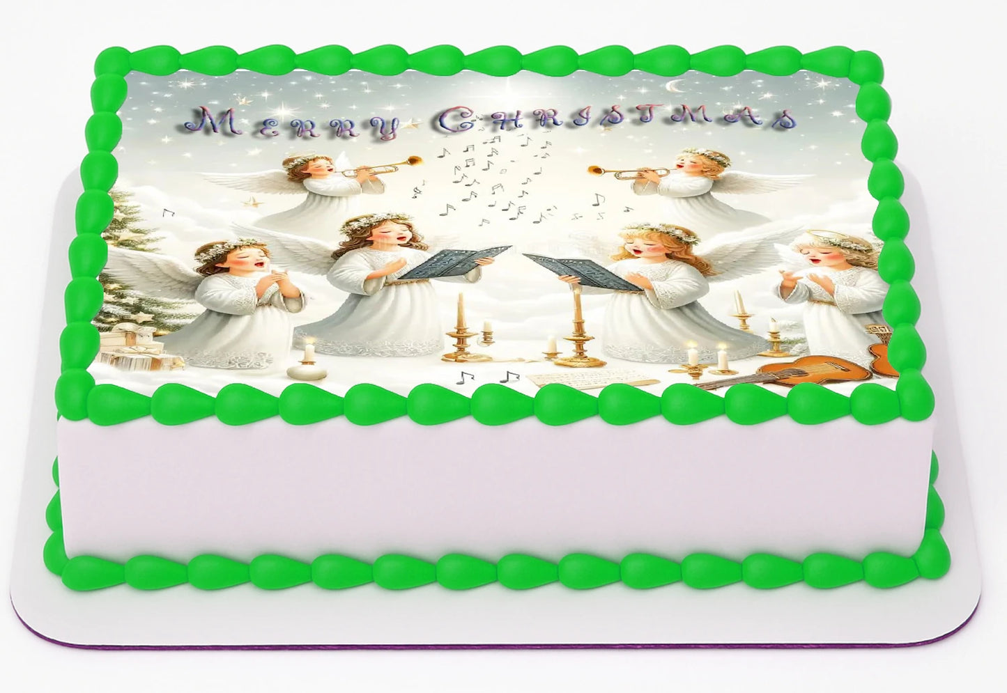 a edible cake image of Christmas Angles singing perfectly on top a sheet cake with green icing.