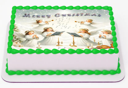 a edible cake image of Christmas Angles singing perfectly on top a sheet cake with green icing.
