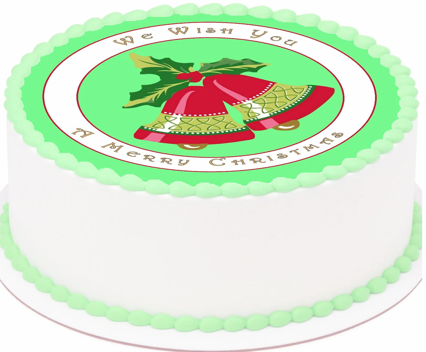Edible Cake Image on top of a cake, the design is a beautiful set of Christmas Bells with mistletoe cirounde with wording 'e wish you a merry christmas' text. 