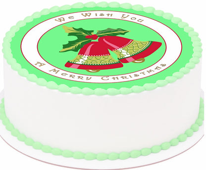 Edible Cake Image on top of a cake, the design is a beautiful set of Christmas Bells with mistletoe cirounde with wording 'e wish you a merry christmas' text. 