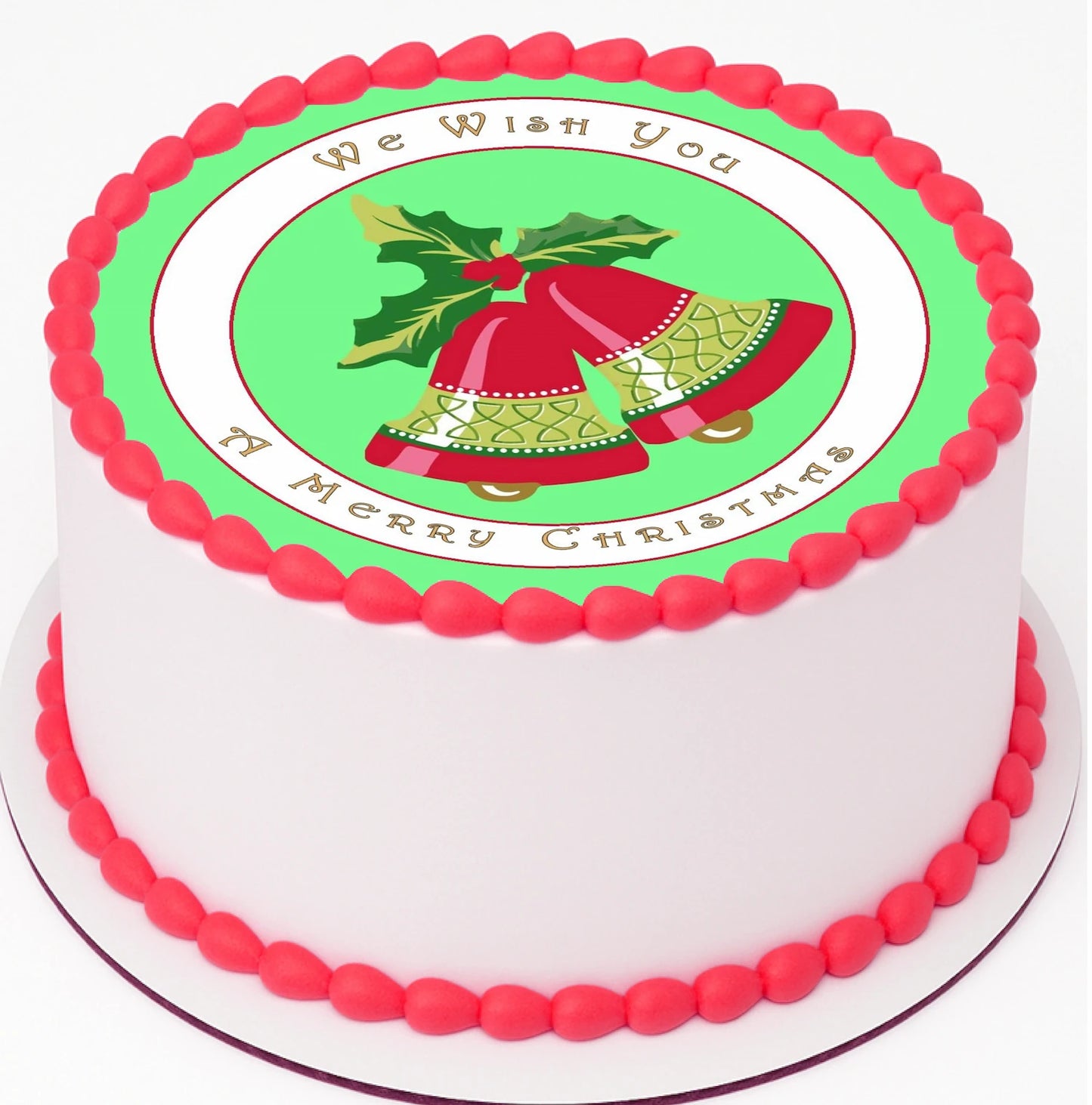 Christmas-themed Edible Images cake topper with holly leaves and bells 