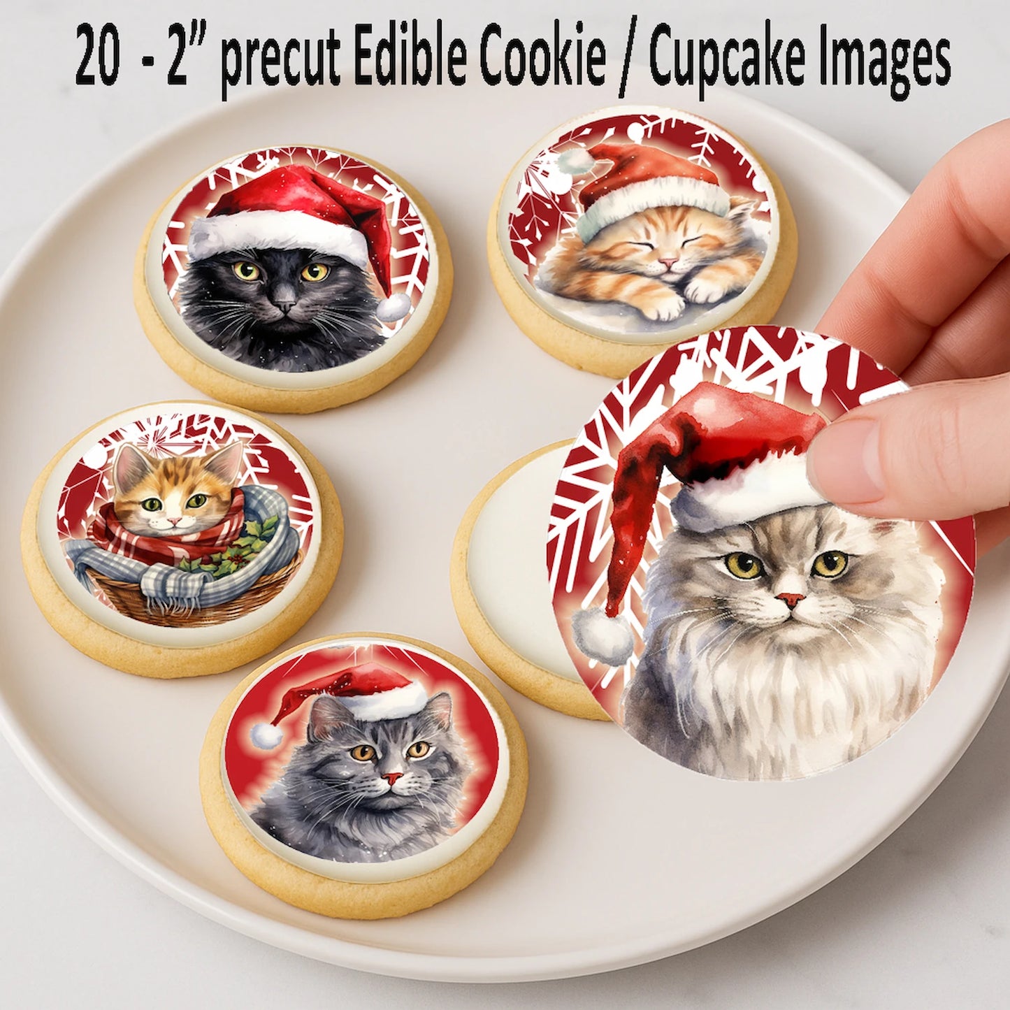 Christmas Cat edible cake images being placed on cookies – holiday dessert icing images for party treats