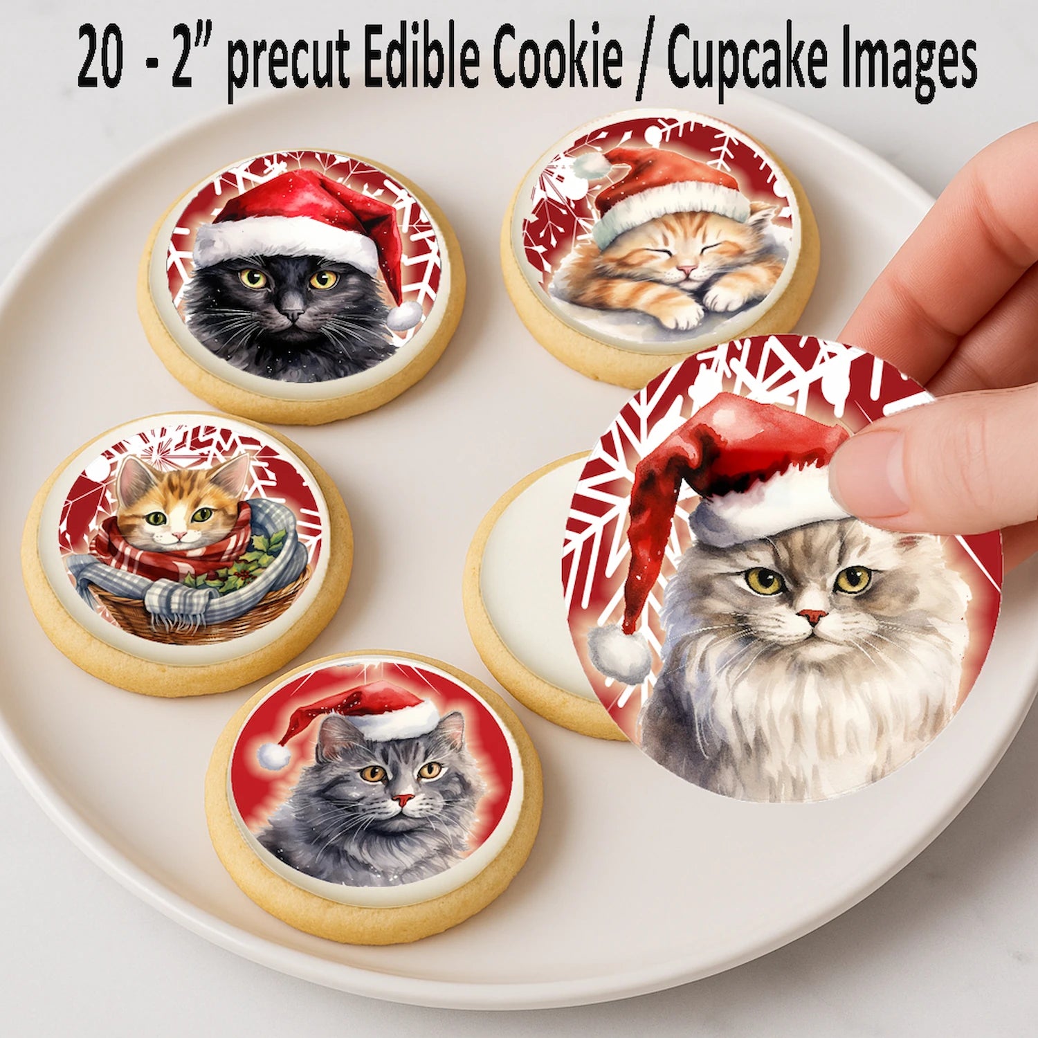 Christmas Cat edible cake images being placed on cookies – holiday dessert icing images for party treats