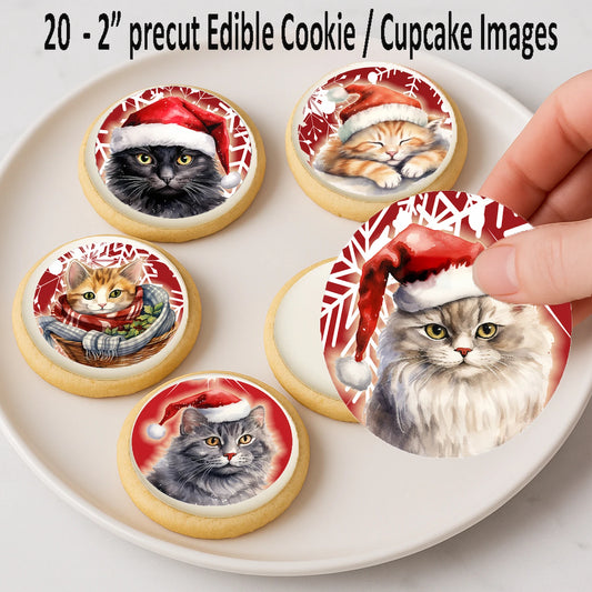 Christmas Cat edible cake images being placed on cookies – holiday dessert icing images for party treats