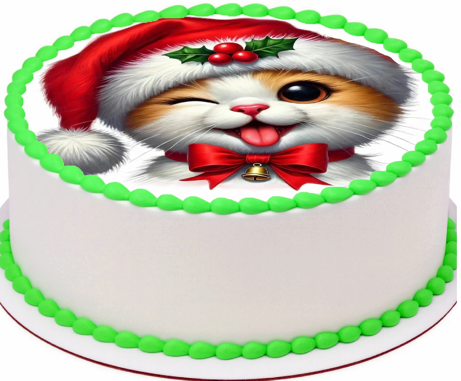 Edible Icing Images Cake Topper with a cat wearing a Santa hat and bow tie