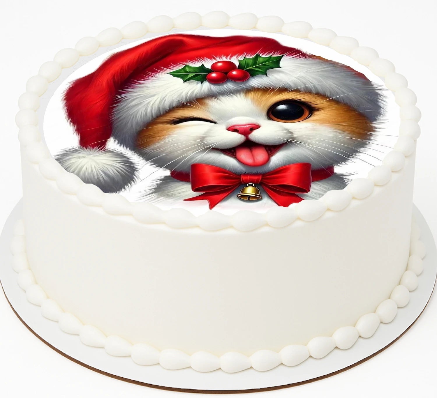 Edible Icing Images Cake Topper with a cat wearing a Santa hat and bow tie 