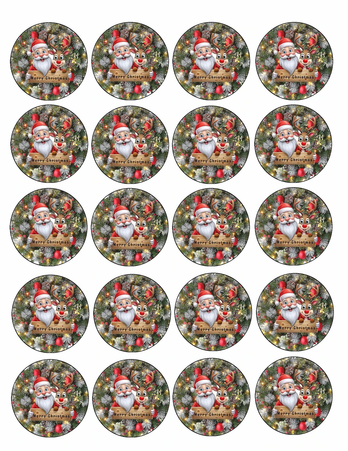 Sheet of 20 Christmas Santa Wreath edible cake images – pre-cut round icing cake images for cookies and cupcakes, perfect holiday dessert decorations