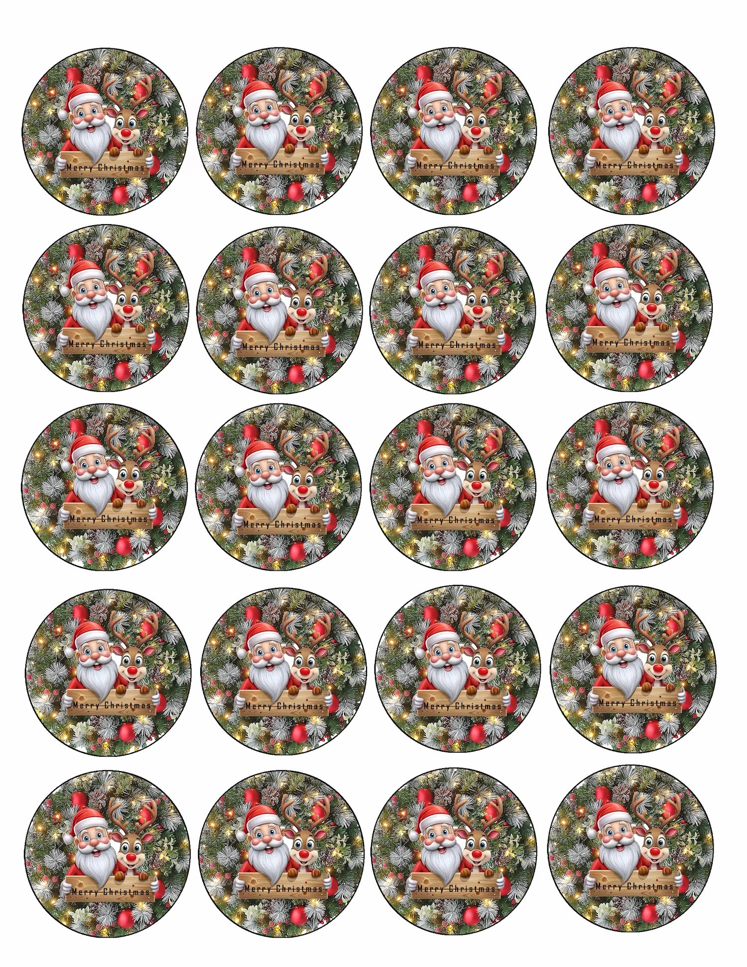 Sheet of 20 Christmas Santa Wreath edible cake images – pre-cut round icing cake images for cookies and cupcakes, perfect holiday dessert decorations