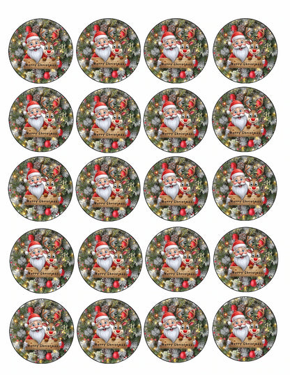 Sheet of 20 Christmas Santa Wreath edible cake images – pre-cut round icing cake images for cookies and cupcakes, perfect holiday dessert decorations