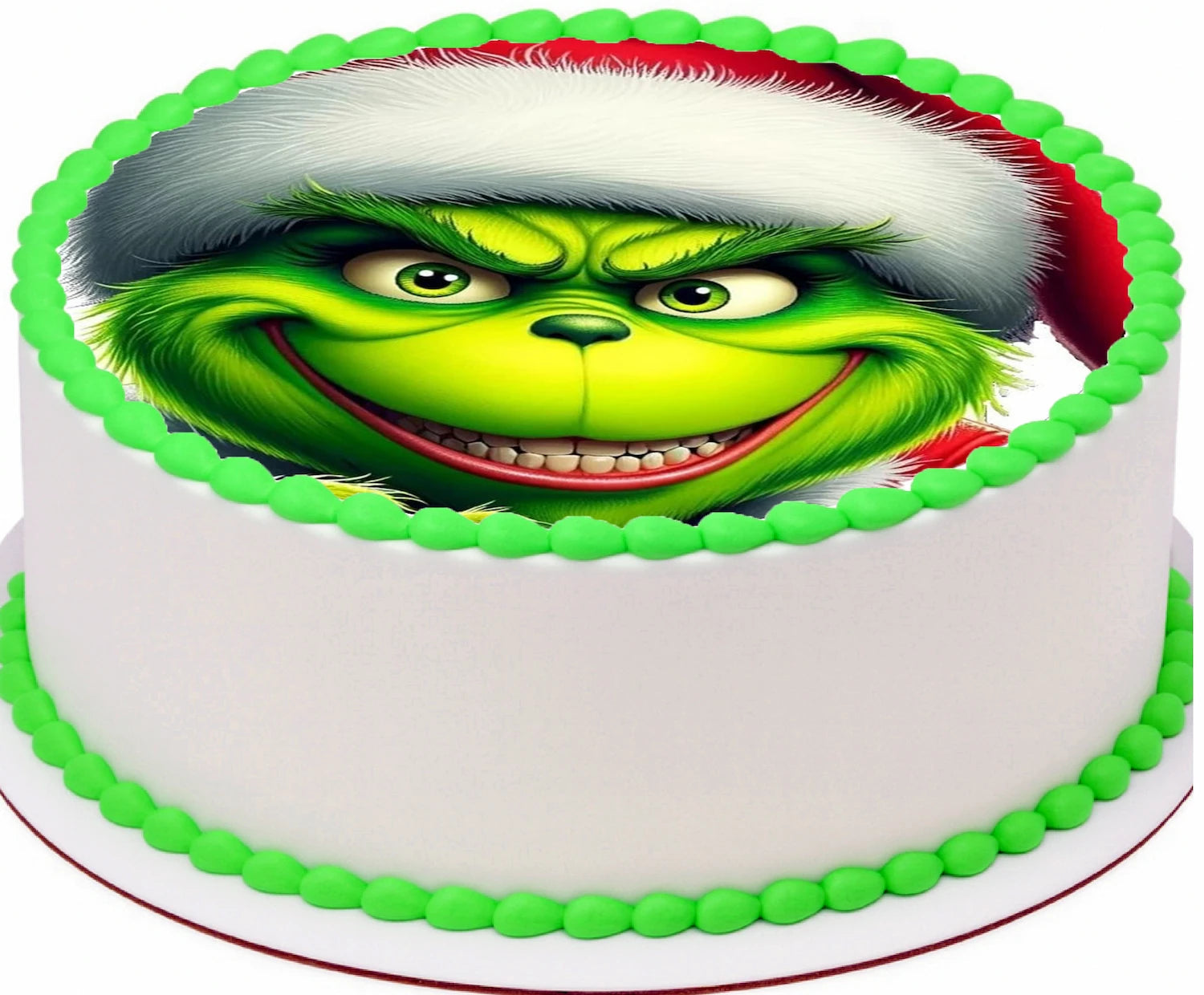 Edible Cake Image of Grinch wearing a santa hat, on top of a cake with green icing.