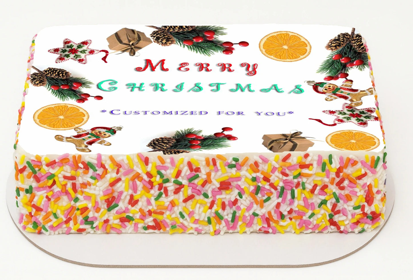  A Image of Christmas Designs of Cookies, Mistletoes, Orange Slices,   gathering edible  cake  Image on a decorated sheet cake