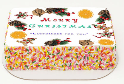  A Image of Christmas Designs of Cookies, Mistletoes, Orange Slices,   gathering edible  cake  Image on a decorated sheet cake