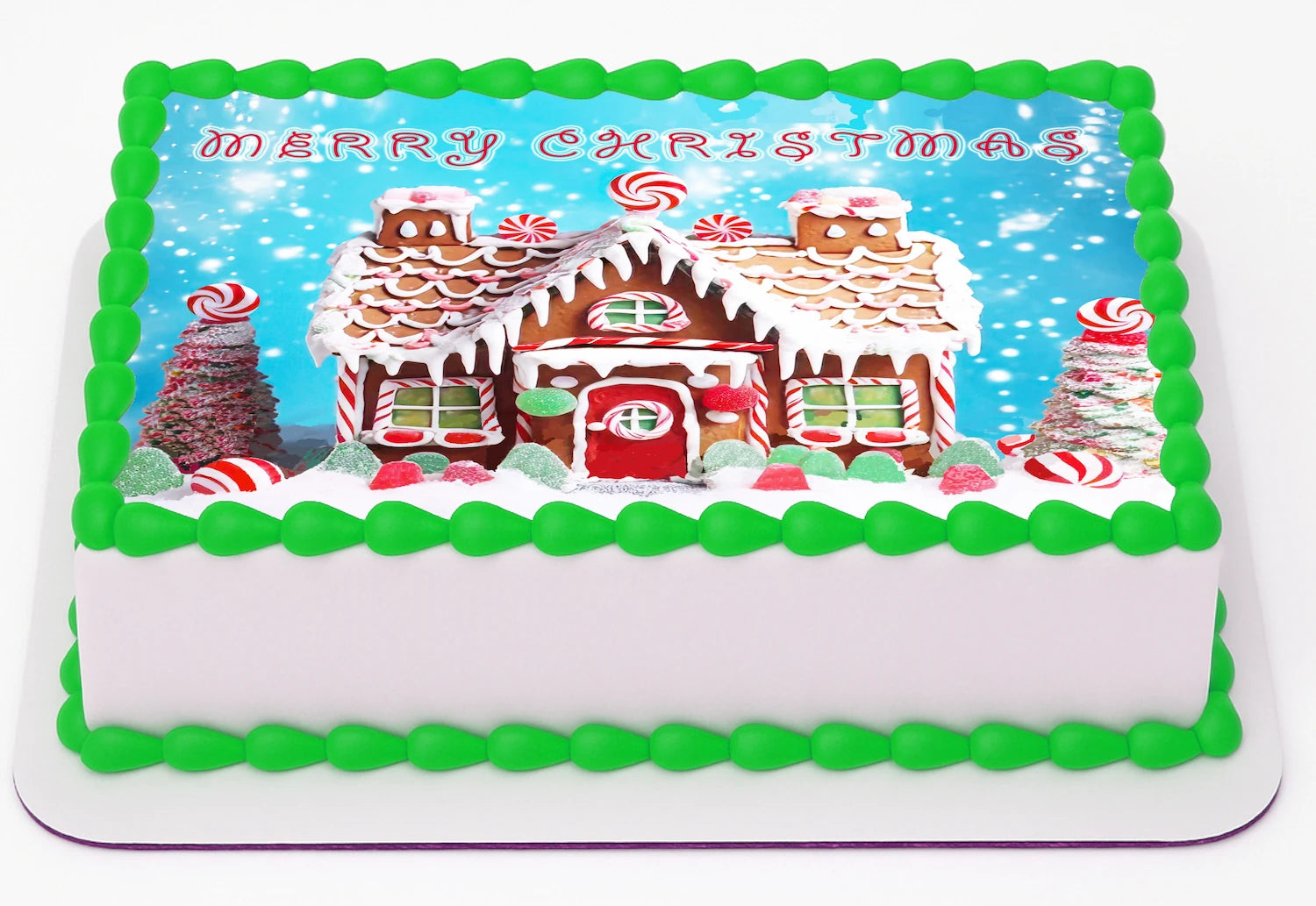 Sheet Cake with Edible Cake Image of a gingerbread house with text "merry Christmas"