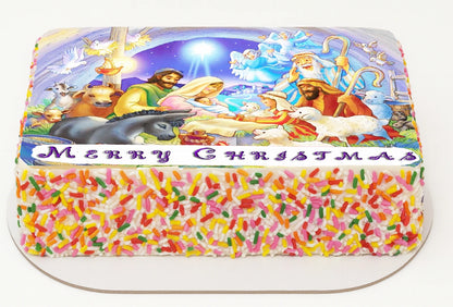 Edible Icing Image Christmas Sheet Cake Topper with Christmas Nativity themed decoration