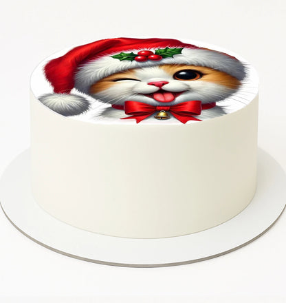 Edible Icing Images Christmas Santa Cat Cake Topper with a cat wearing a Santa hat and bow tie 