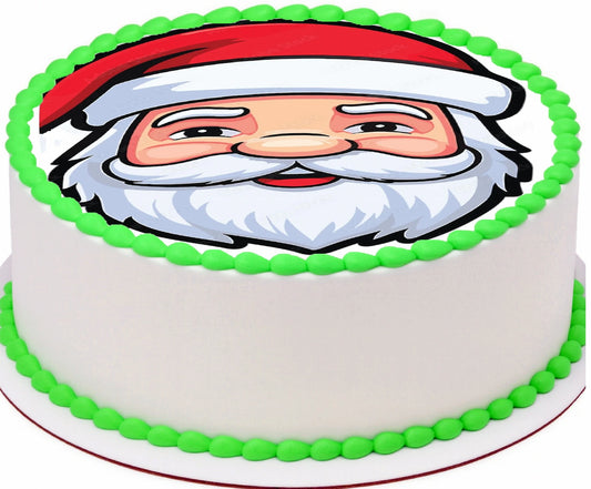 Santa Claus edible cake image on a fun Christmas cake with green trimming. 