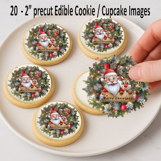 Christmas Santa Wreath edible cake images being placed on cookies – holiday dessert icing images for Christmas fun.