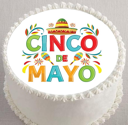 Edible Icing Image Cake Topper with Cinco De Mayo themed decoration