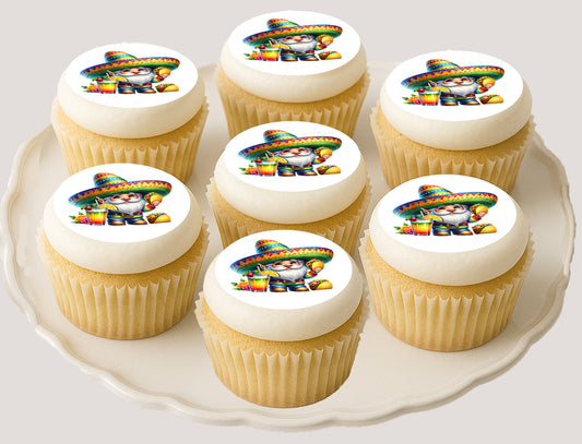 Cupcake Plate Custom Edible Cake Topper – Cinco De Mayo Gnome Design – Icing Sheet Cookie & Cupcake Images –20 Pre-cut 2” Round– RA Pape
