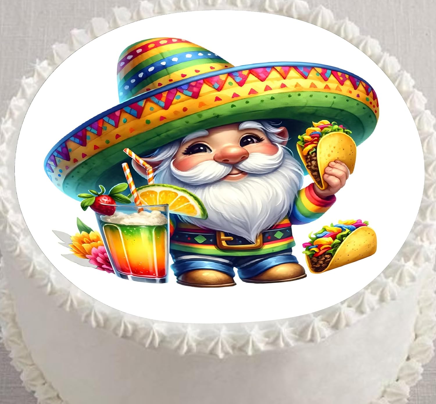 Edible Icing Image Cake Topper with Cinco De Mayo Gnome themed decoration