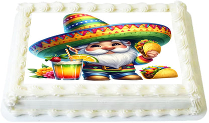 Edible Icing Image Sheet Cake Topper with Cinco De Mayo Gnome themed decoration