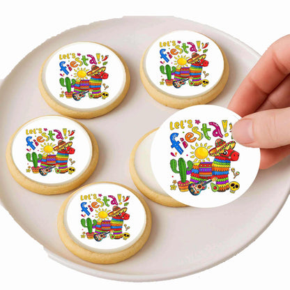Custom Edible Cake Topper – Cinco De Mayo Let's Fiesta Design – Icing Sheet Cookie & Cupcake Images –20 Pre-cut 2” Round–Easy to Use- RA Pape