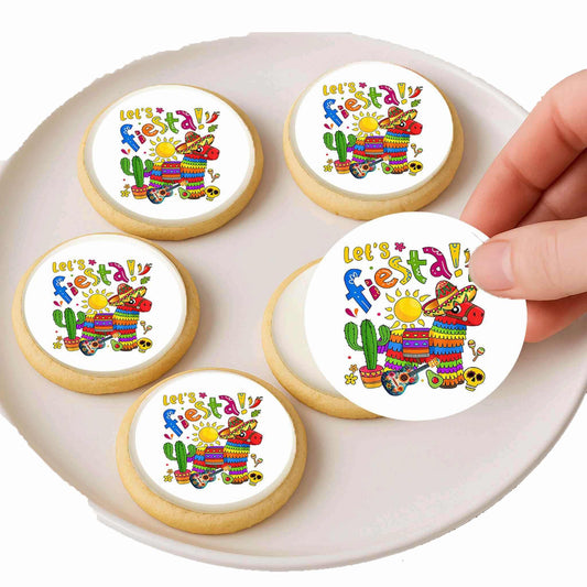Custom Edible Cake Topper – Cinco De Mayo Let's Fiesta Design – Icing Sheet Cookie & Cupcake Images –20 Pre-cut 2” Round–Easy to Use- RA Pape