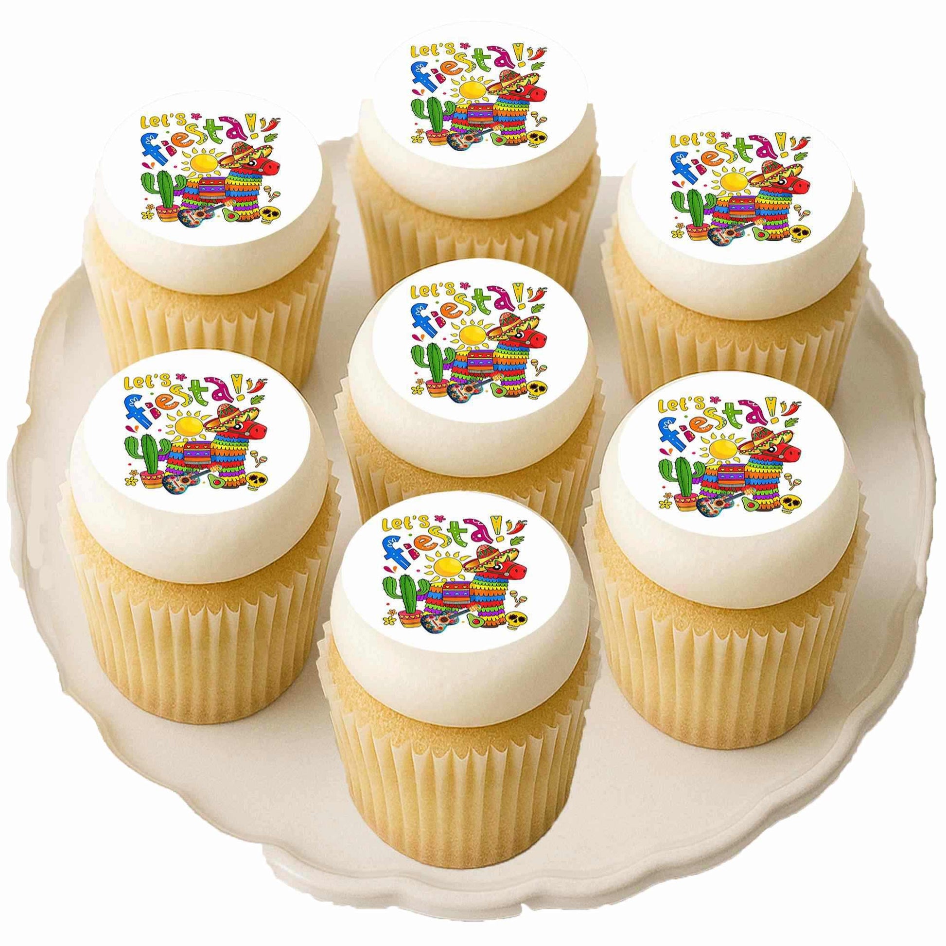 Custom Edible Cake Topper – Cinco De Mayo Let's Fiesta Design – Icing Sheet Cupcake Images –20 Pre-cut 2” Round– RA Pape