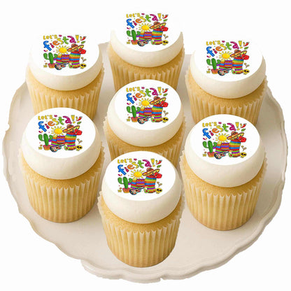 Custom Edible Cake Topper – Cinco De Mayo Let's Fiesta Design – Icing Sheet Cupcake Images –20 Pre-cut 2” Round– RA Pape