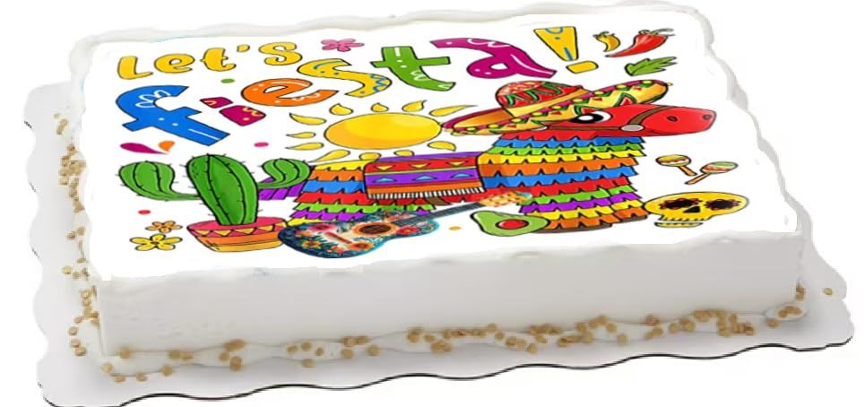 Custom Edible Cake Topper – Cinco De Mayo Lets Fiesta  Design – 1/4 Sheet Cake (9x13) – Precut Icing Sheet – RA Pape