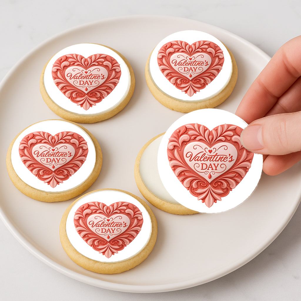Custom Edible Cake Topper – Classic Valentine Heart  Design – Icing Sheet Cookie & Cupcake Images –20 Pre-cut 2” Round– RA Pape