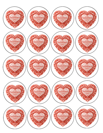 Red heart-shaped Valentine's Day Edible Image Topper on a white background