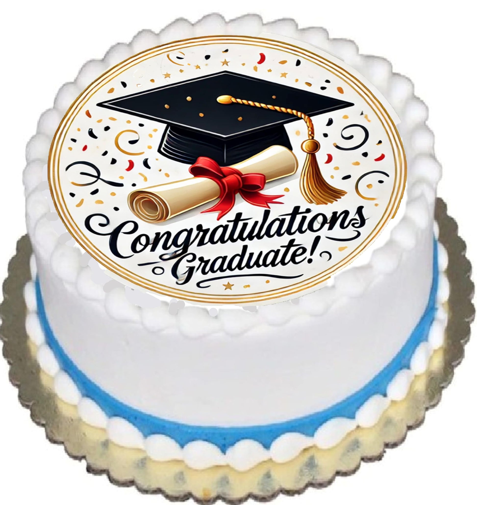 Graduation-themed cake with 'Congratulations Graduate!' text and a cap and diploma design.