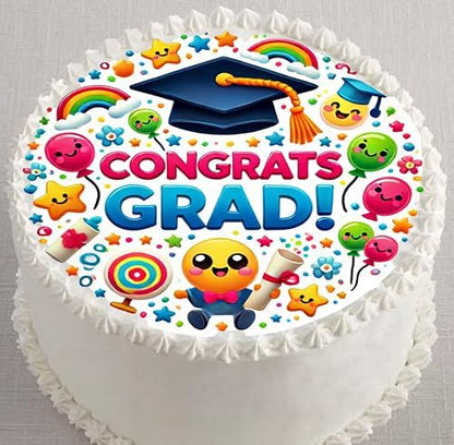Custom Edible Cake Topper – Congrats Grad Graduation Design – Pre-cut 8" Round Icing Sheet – RA Pape