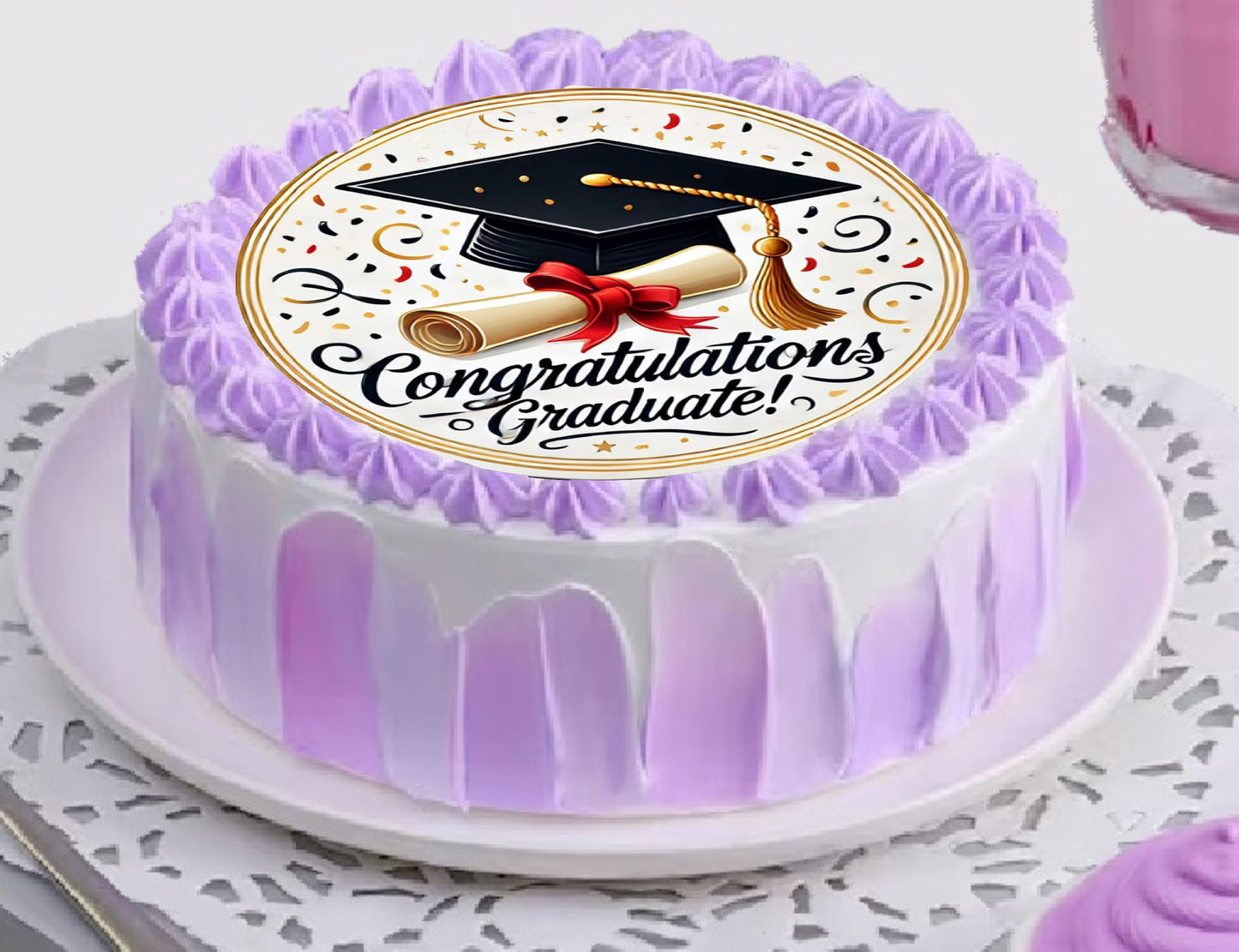 Graduation-themed cake with 'Congratulations Graduate!' text 